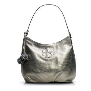 Tory Burch Women’s Thea Metallic Gunmetal Pebbled Leather Hobo Bag